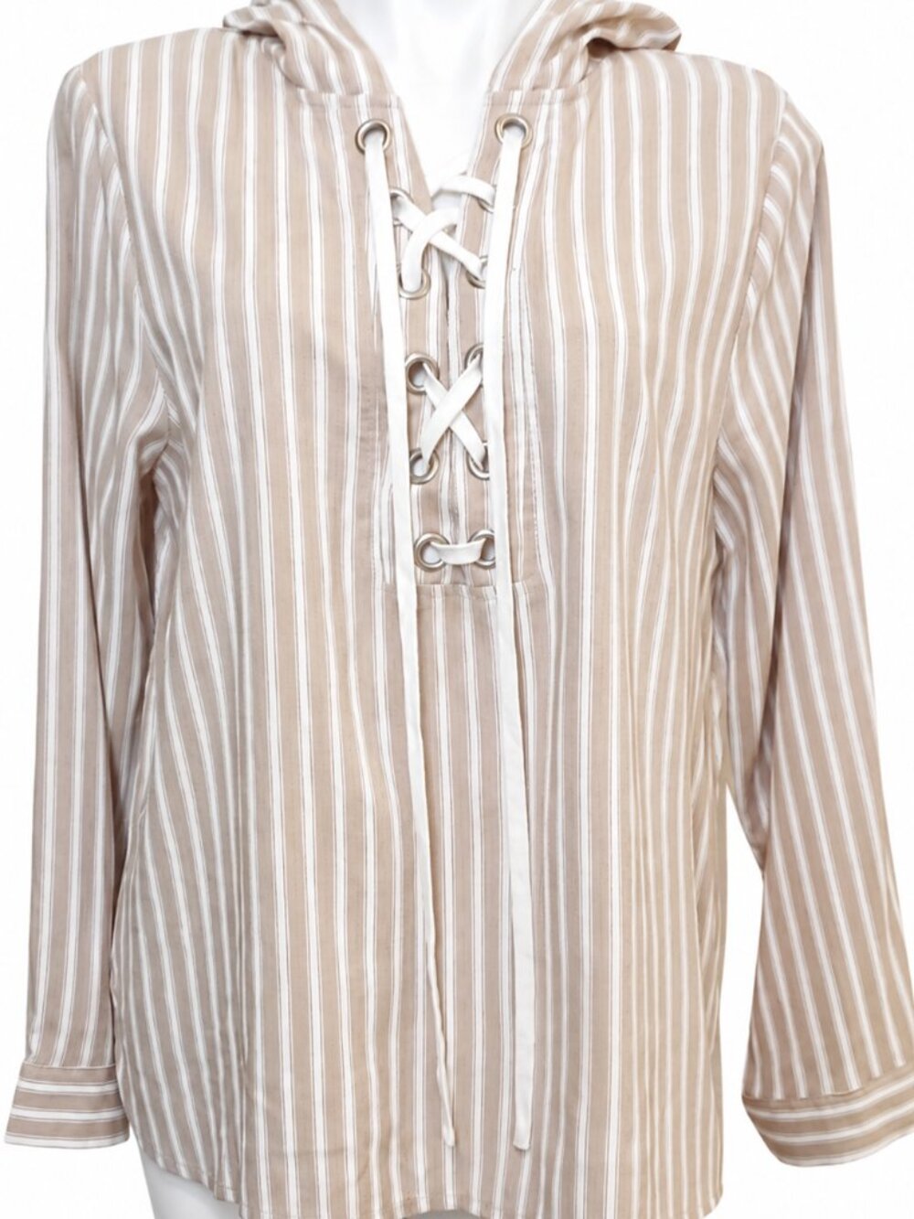 Small Women’s Hooded Blouse Striped Lace Up Long Sleeve Tunic Casual Boho Office